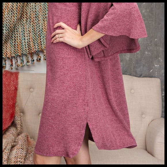 EASEL Hacci Knit Sweater Dress Mandarin Collar V-Neck & Statement Bell Sleeves - Picture 11 of 16